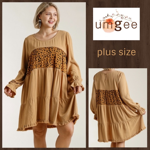 Umgee Dresses & Skirts - UMGEE Puff Sleeve & Ruffled Cuff Tiered Babydoll Dress Fringe Hem W/Animal Print